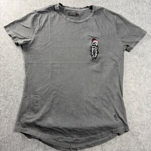 Religion We Live In Black Mens T-Shirt XL Black Washed Grey Feather Patch Defect